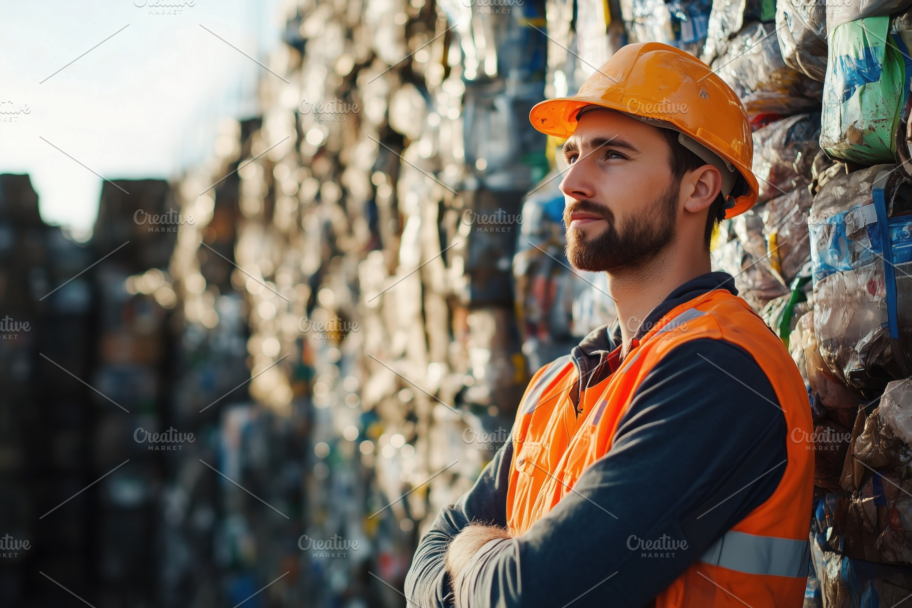 A thoughtful worker recycling technologist in an orange safety vest and hard ha, a Person Photo by Textures & Backgrounds