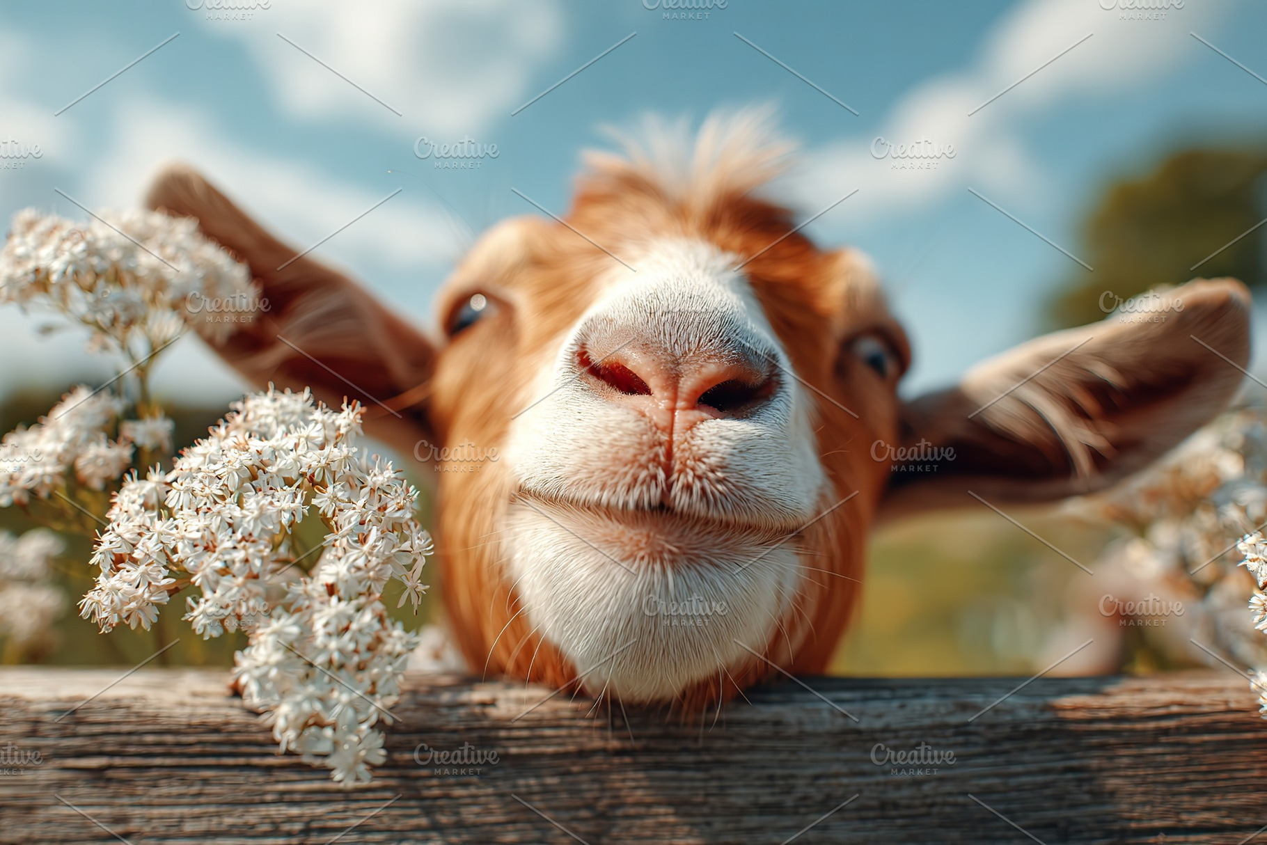 Goat with a joyful expression surrounded by flowers in a sunny rural setting, an Animal Photo by AlyaAnd