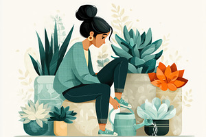 Woman caring for houseplants in peaceful indoor garden illustrat, a Business Photo by José Manuel Gelpi