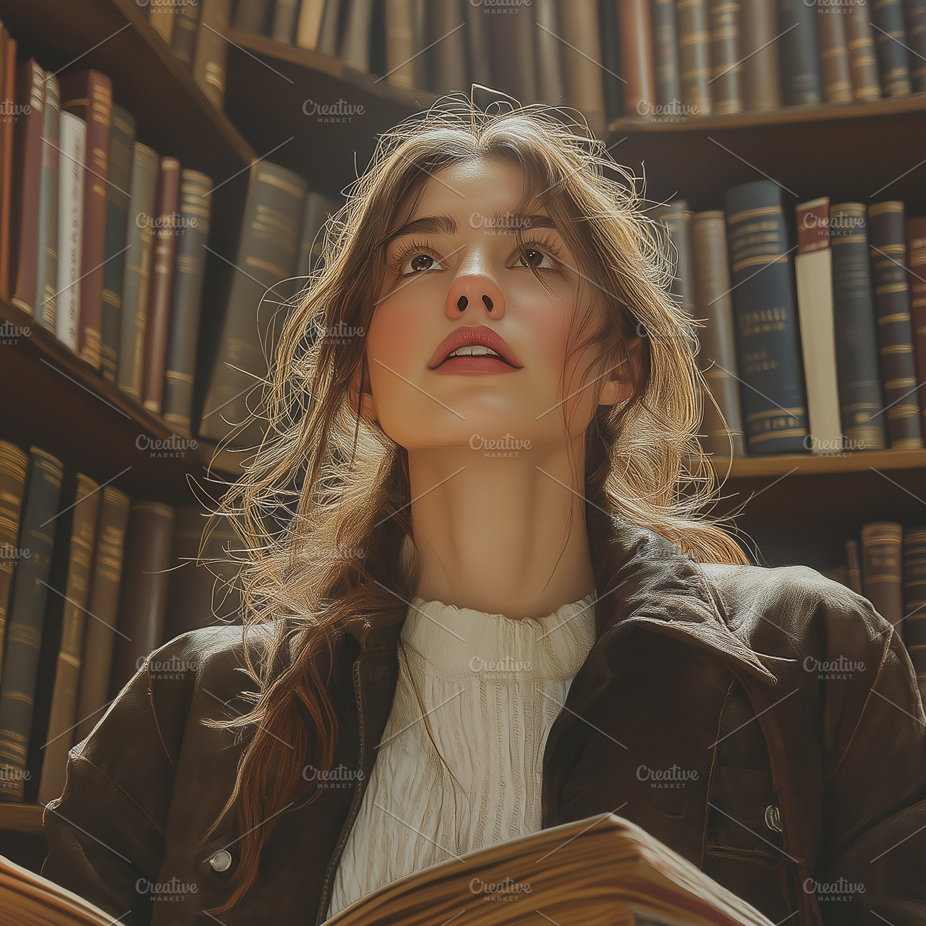 A young Caucasian woman with long hair is immersed in reading in a cozy library, a Person Photo by ImageMir