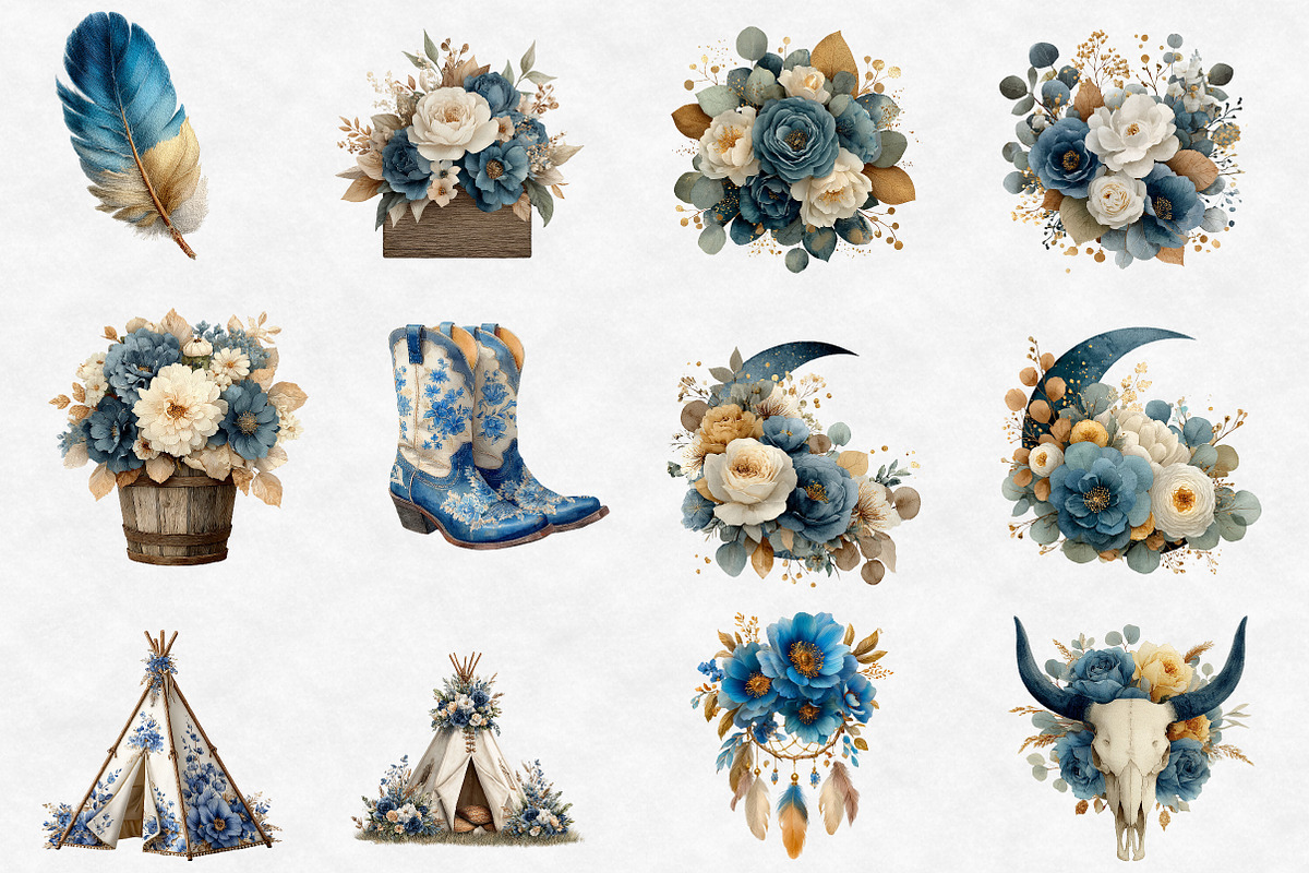 Watercolor Blue Western Boho Clipart, an Illustration by Designworld (Photo 3 of 6)