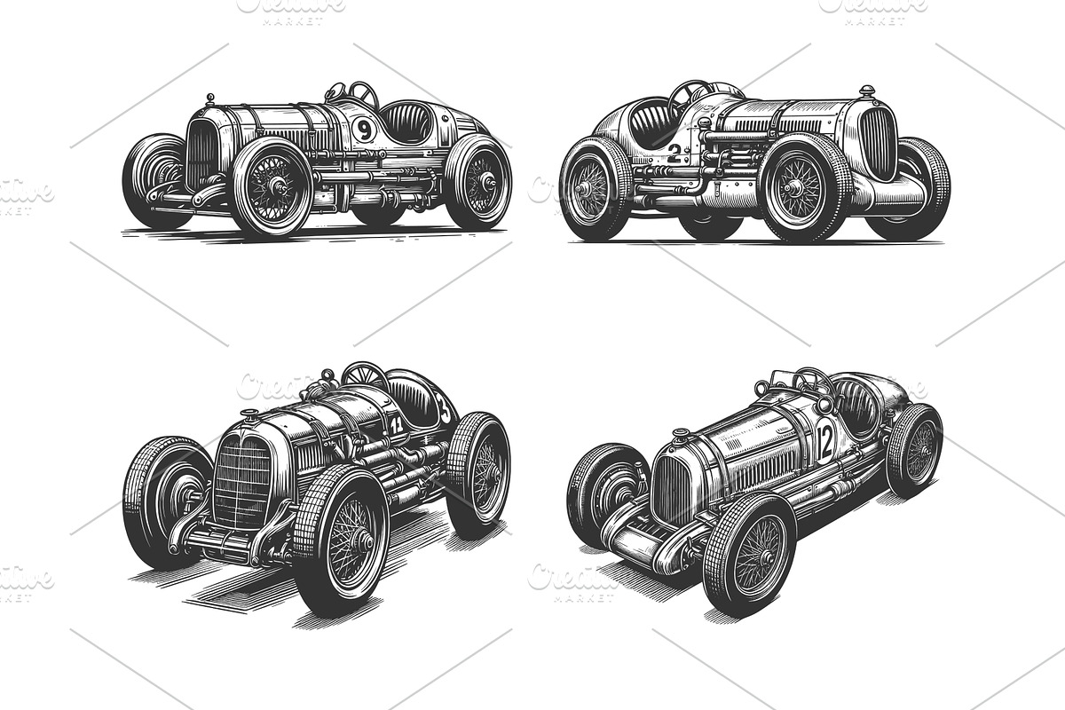 Racing Cars engraving set vector, a Sport Illustration by AlexArt