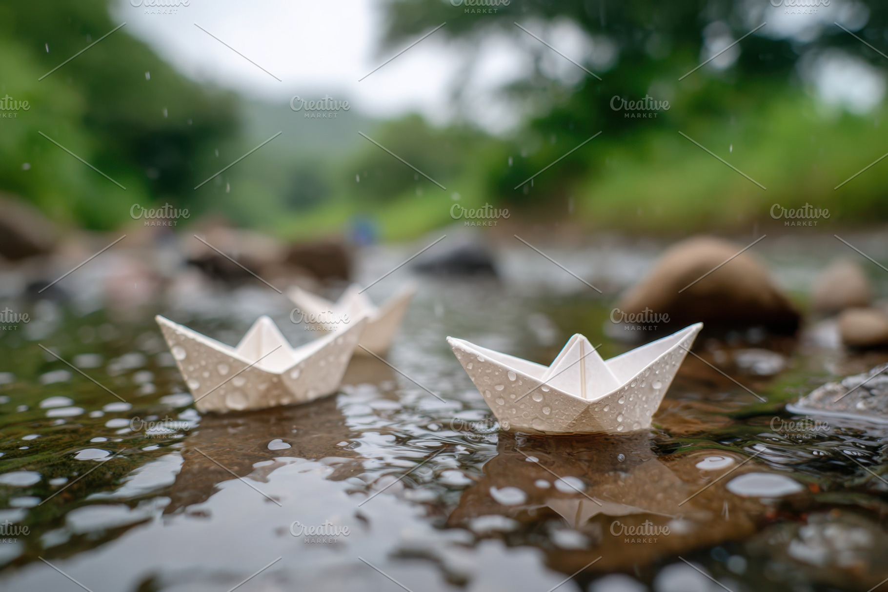 Paper boats floating in a serene forest stream, an Abstract Photo by AlyaAnd