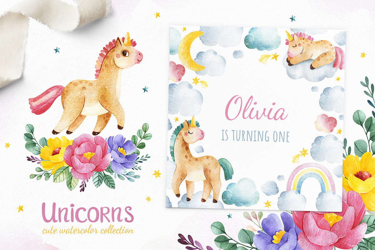 Unicorns.Cute watercolor collection, an Animal Illustration by Kate_Rina (Photo 1 of 16)