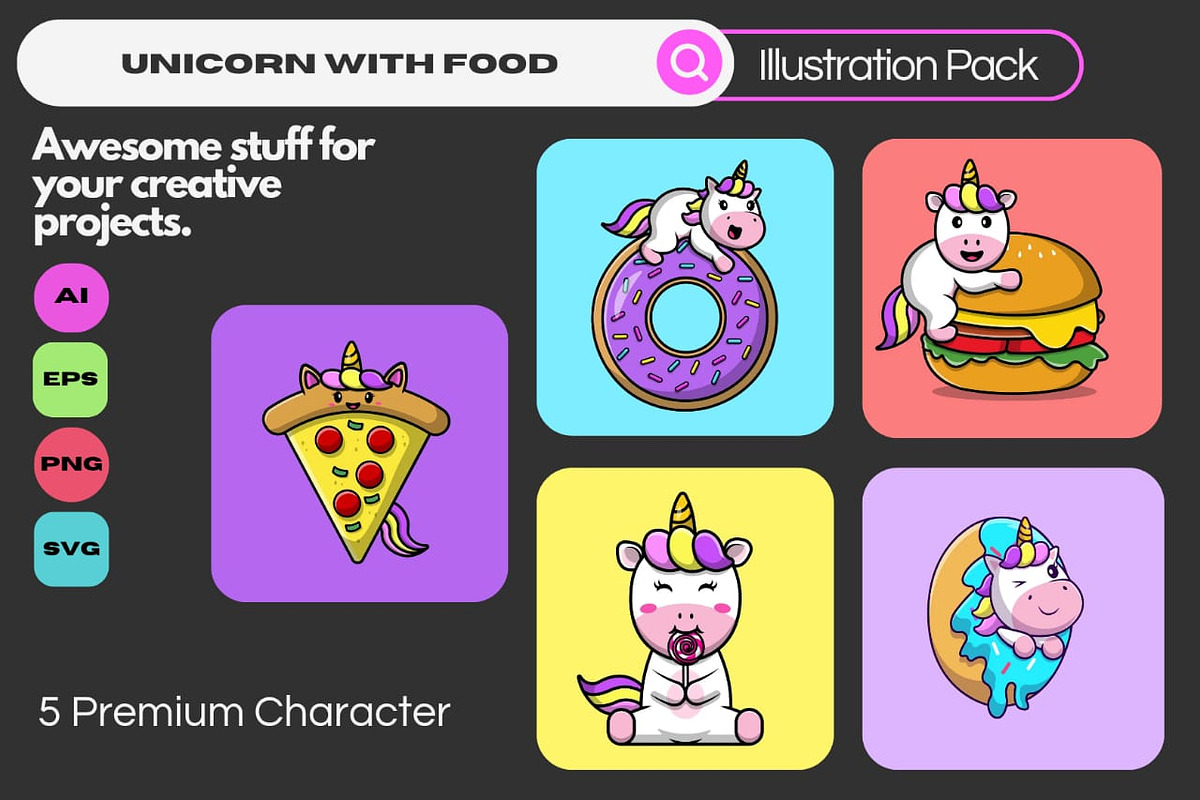 Unicorn With Food Cartoon Vector, a Food Illustration by Artstorystudio (Photo 1 of 6)