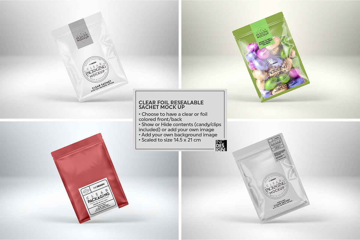 Clear Foil Sachet Packaging Mockup, a Cups & Container Mockup by INCDesign (Photo 2 of 14)