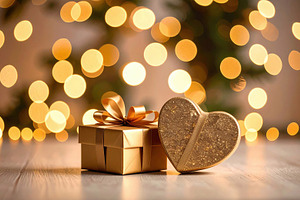 Golden gift box and heart with festive lights, a Holiday Photo by Davizro's Market