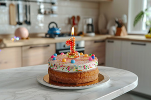 Birthday cake with one candle number 1 on kitchen table, a Food & Drink Photo by AlyaAnd