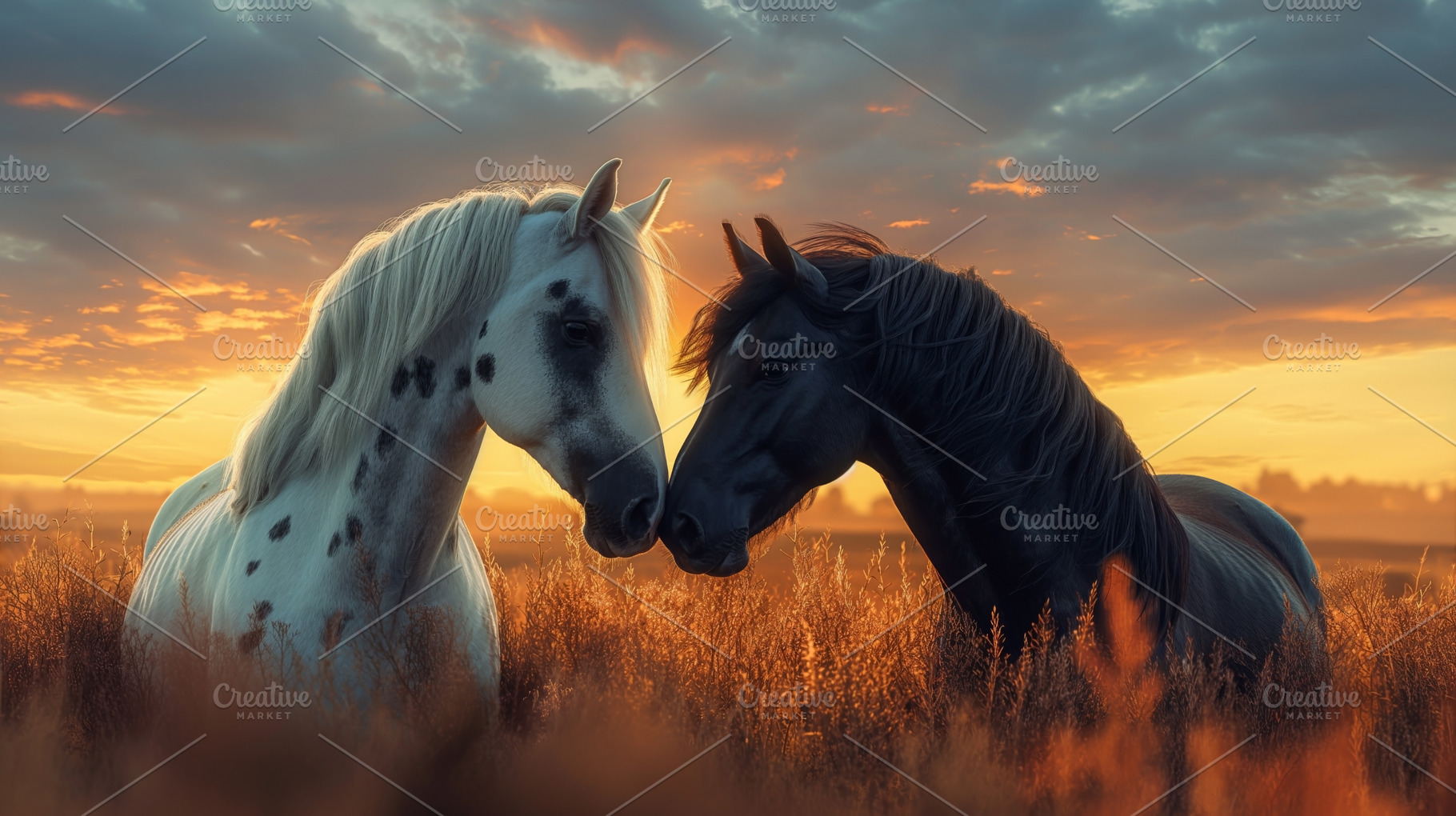 Two majestic horses, one white with spots and one deep black, nuzzle affectiona, an Animal Photo by ImageMir