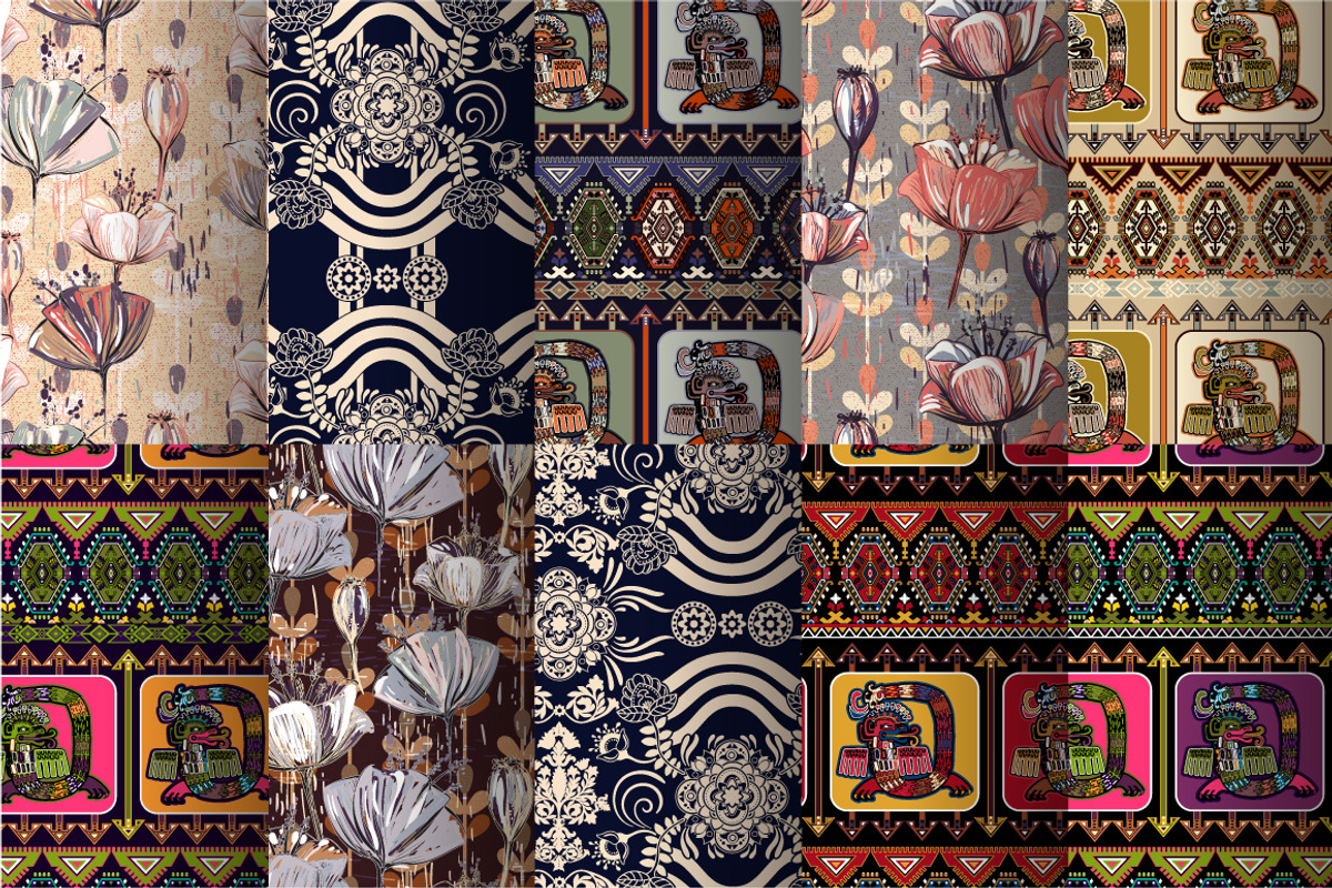 Set of Aztec and Floral Patterns, a Pattern Graphic by Sunny_Lion