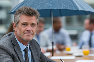 Professional businessman during a team discussion under rainy conditions outdoo, a Photo by AS photostudio