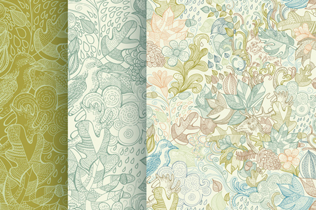 Forest plants and animals patterns. preview 3