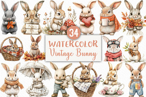 Watercolor Vintage Bunny Clipart, an Illustration by Craft Nest