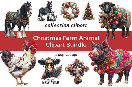 Christmas Farm Animal Clipart Bundle