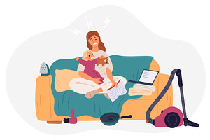 Tired woman sits on sofa with small, a Person Illustration by Vectorbuum