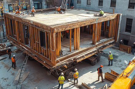 Modular building section being moved, a Background Photo by Pixeness