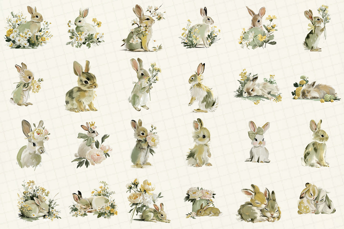 Bunny and Blooms Watercolor Clipart, an Illustration by DreamCafeArt (Photo 2 of 6)