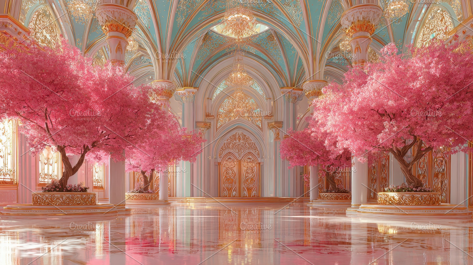 Bright room with pink trees, a Photo by Pavel_design