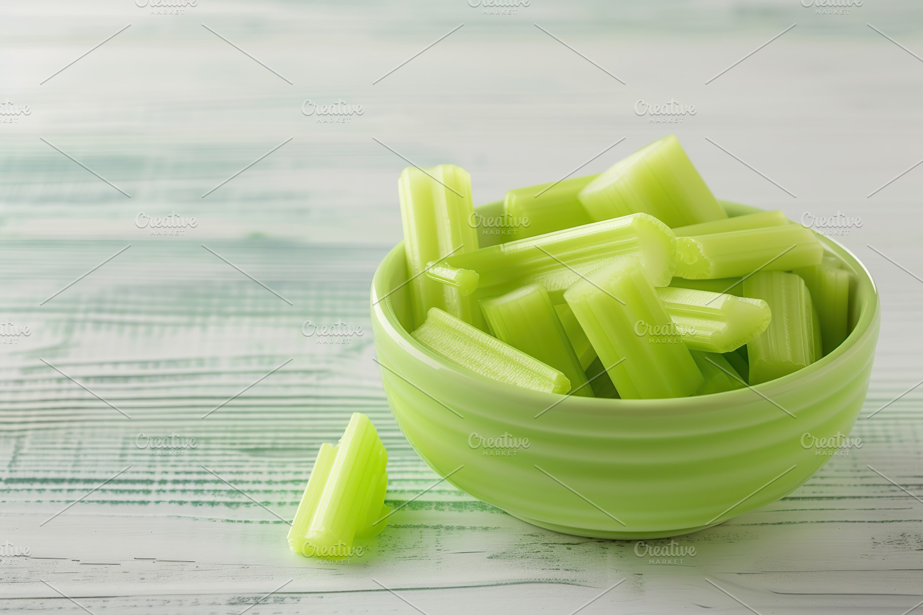 Green fresh celery pieces in bowl on wooden background, a Food & Drink Photo by AlyaAnd