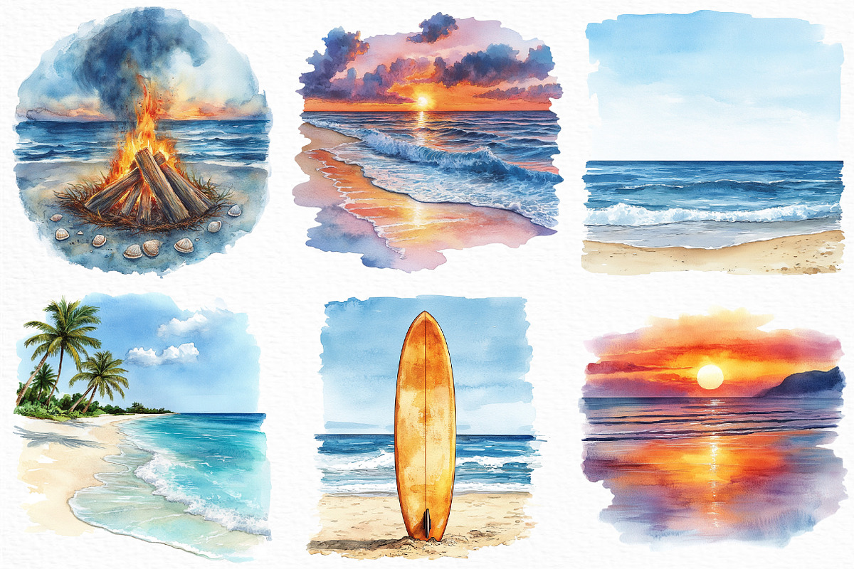 Watercolor Beach Landscape Clipart, an Illustration by Craft Nest (Photo 4 of 5)