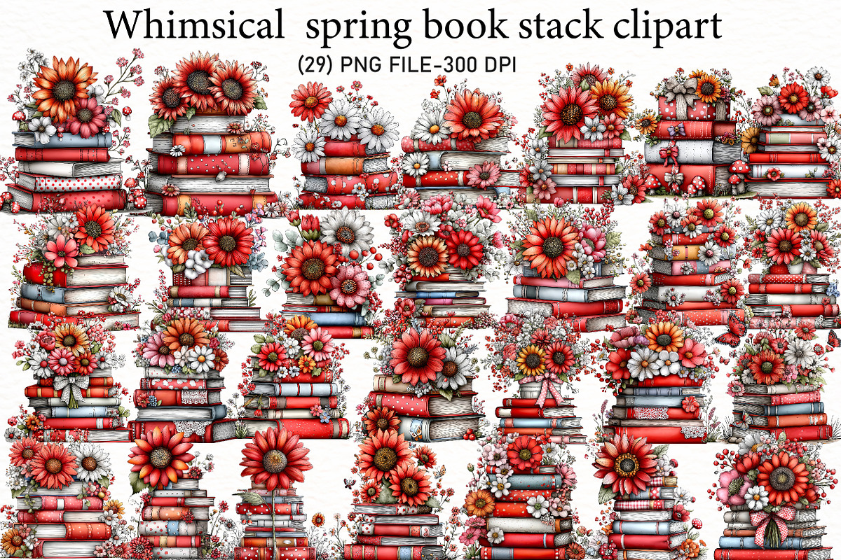 whimsical spring book stack clipart, an Illustration by Designworld (Photo 1 of 6)