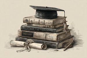 Graduation cap atop a stack of old b, a Photo by Pixeness Studio
