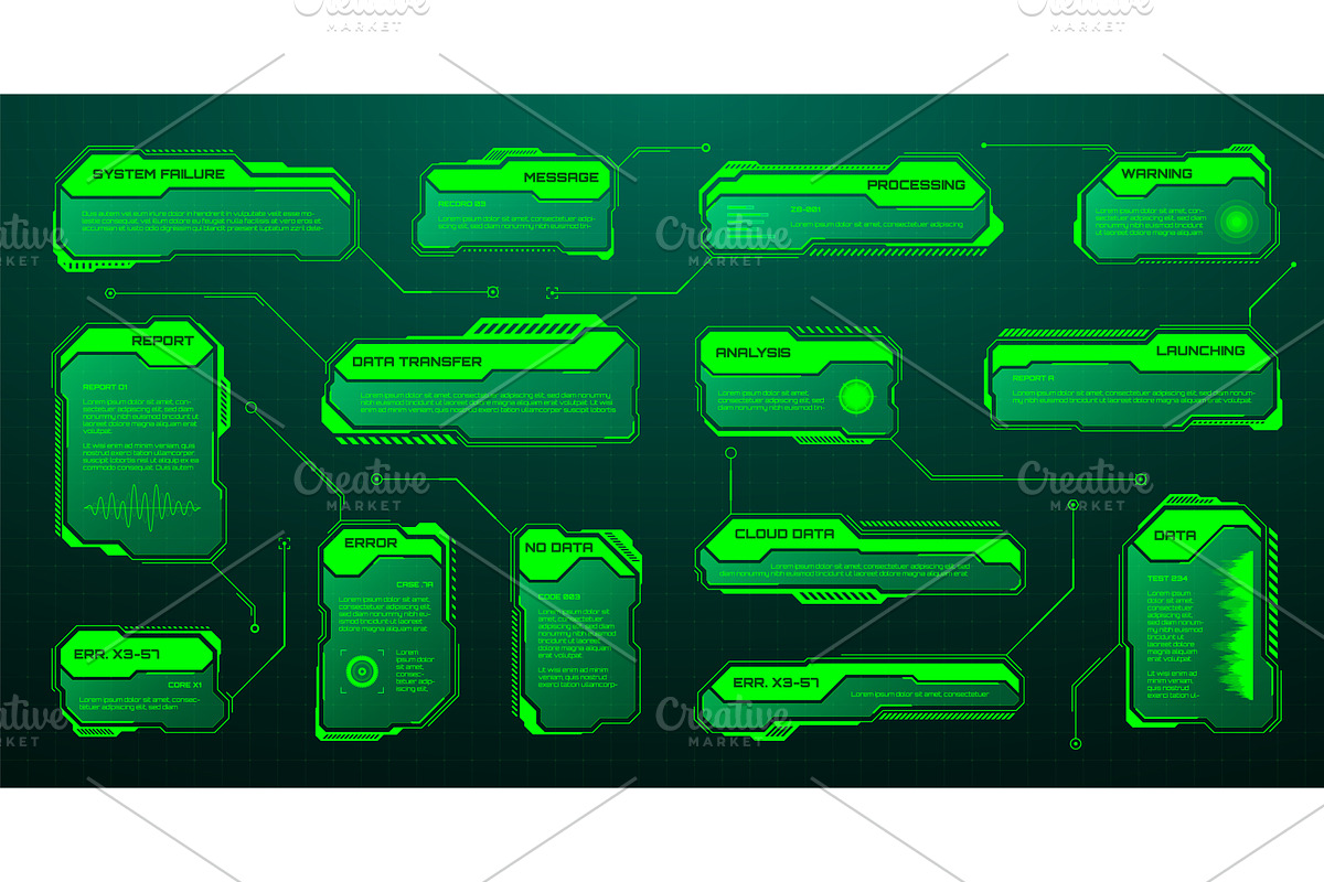 Green futuristic HUD, UI elements, an Illustration by 32pixels