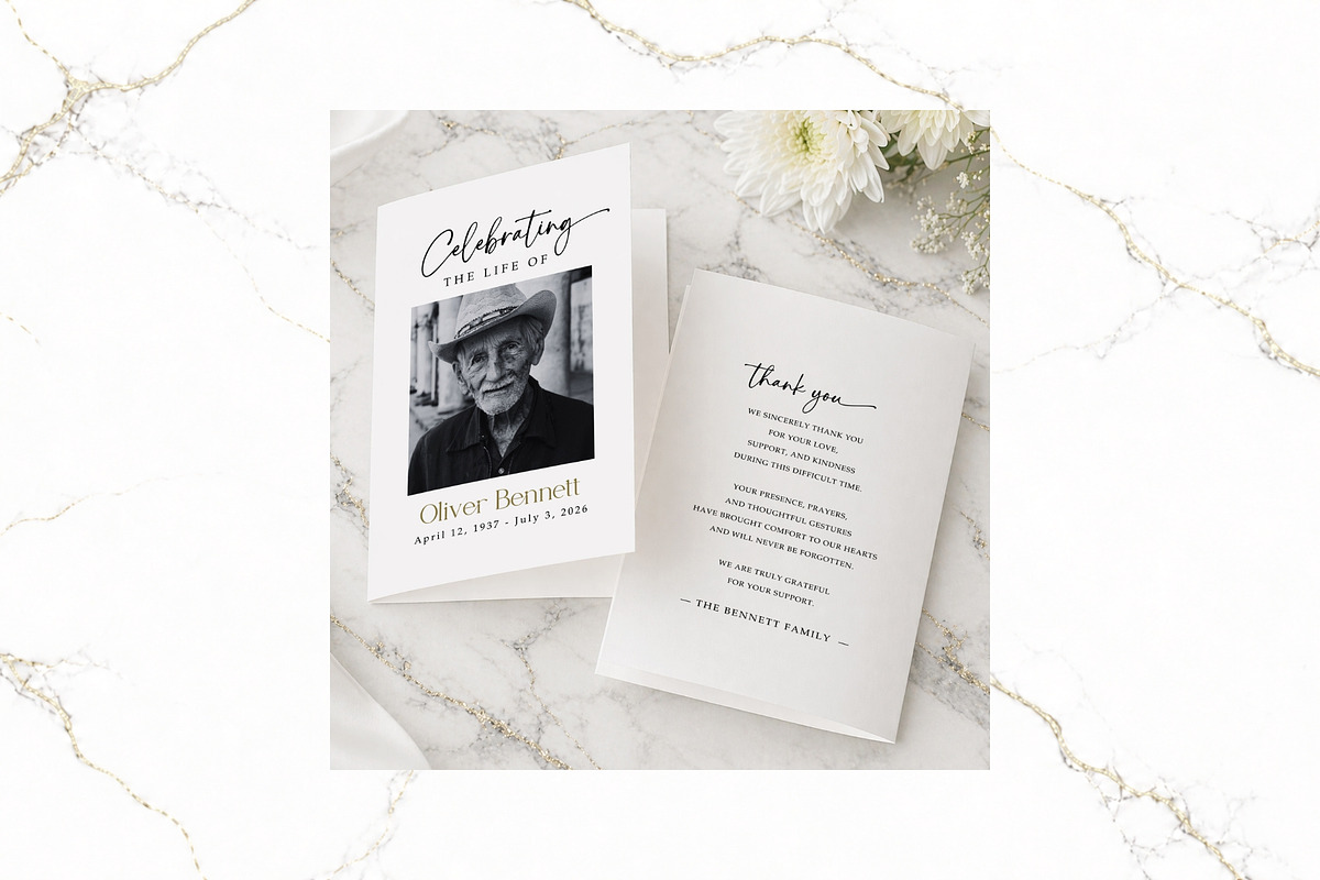 Funeral Bifold Program BW CanvaFR001, a Brochure Template by TyphoonStudio (Photo 1 of 8)