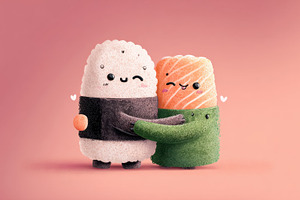 Cute sushi characters hug each other, a Photo by Beautiful things