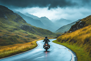 Motorcyclist riding through scenic m, a Photo by Pixeness Studio
