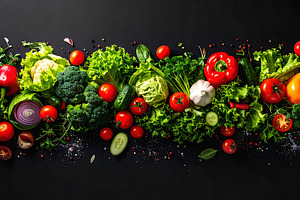 Fresh flying vegetables with tomatoes lettuce broccoli and cabba, a Food & Drink Photo by GoodGoods