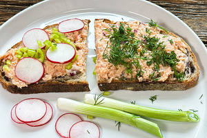 Freshly made salmon spread on rye br, a Food & Drink Photo by 1miromiro