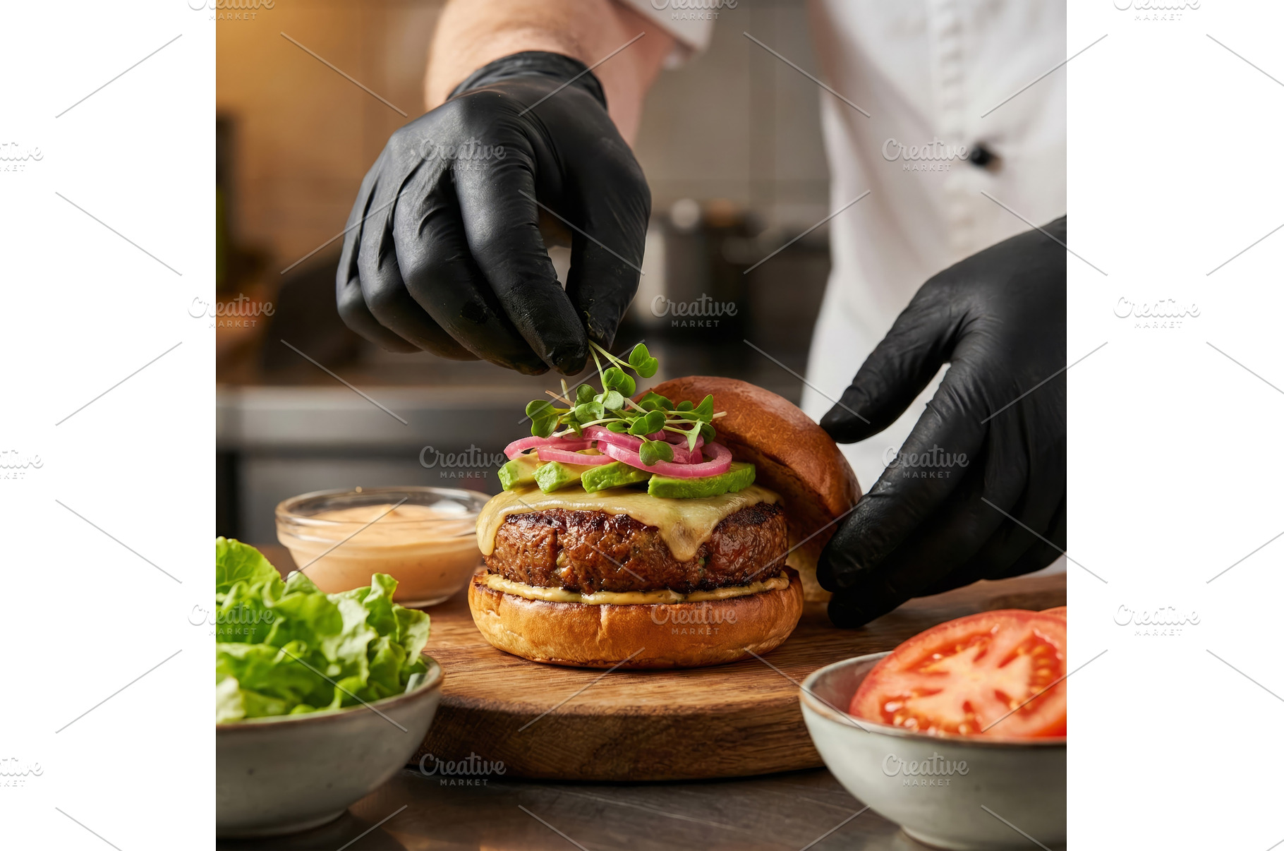 Making a Burger in a Kitchen, a Food & Drink Photo by CREATIVEDEF
