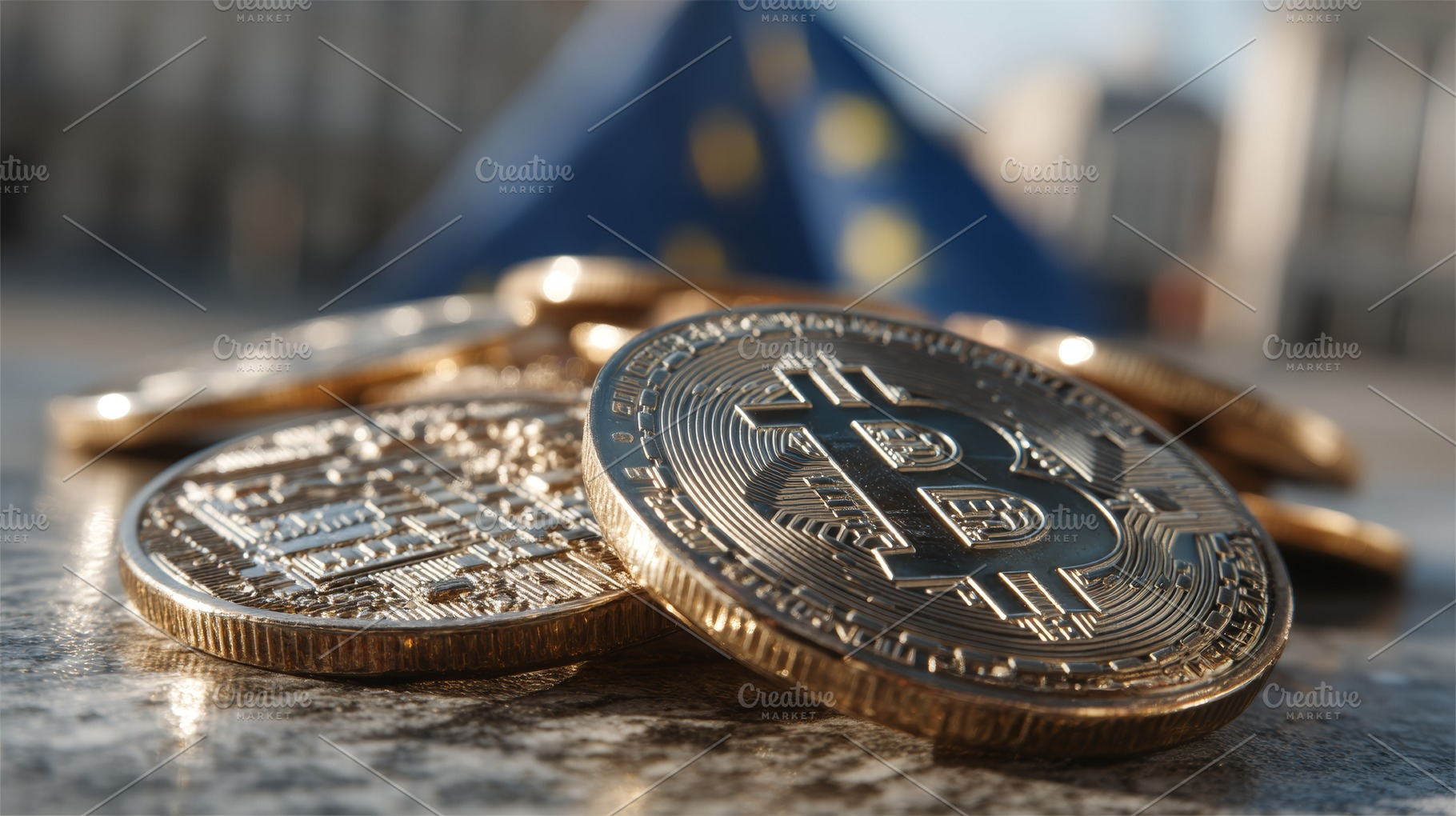 Shiny physical Bitcoin coins stacked on a stone surface with blurred European U, a Photo by AS photostudio