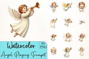 Christmas Angel Playing Trumpet Clip, an Illustration by CrexoraLab