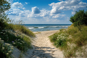Explore the tranquil beach pathway leading to the serene ocean under a bright s, a Nature Photo by AlyaAnd