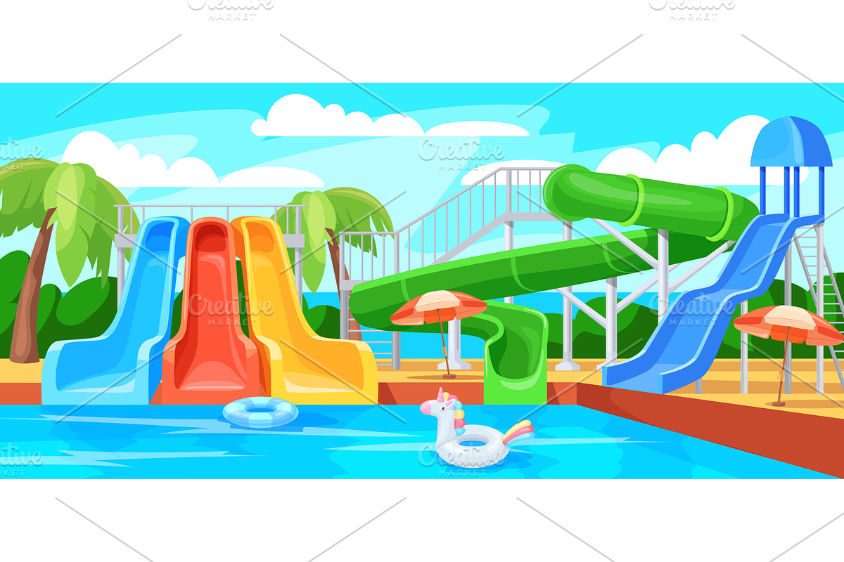 Cartoon aquapark. Waterpark swimming, an Illustration by Stock-Smart-Start