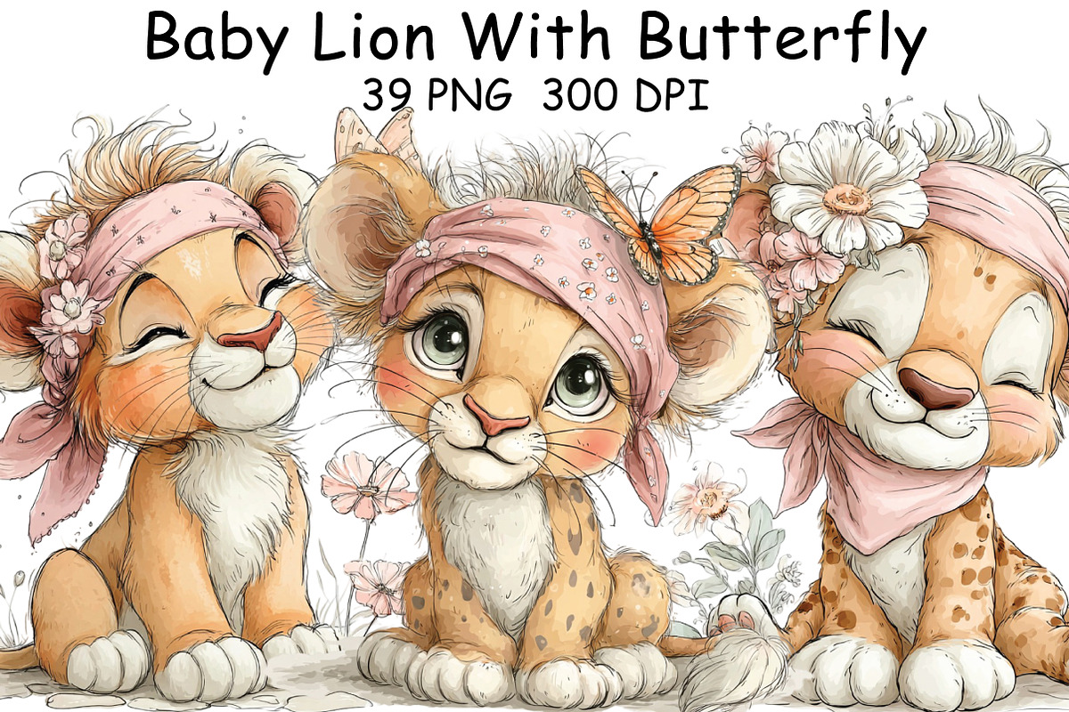 Baby Lion With Butterfly Clipart, an Illustration by CraftArtStudio (Photo 1 of 6)