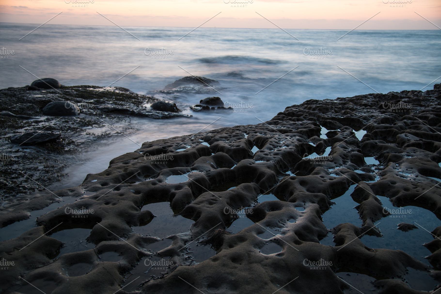 Ocean And Rock At Dusk 2 Featuring Ocean Dusk And Waves