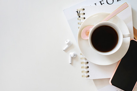 Coffee and Earbuds Stock Photo, a Business Photo by Her Creative Studio