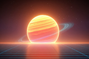 Glowing Planet with Rings in a Retro-Futuristic Landscape, an Abstract Photo by AlyaAnd