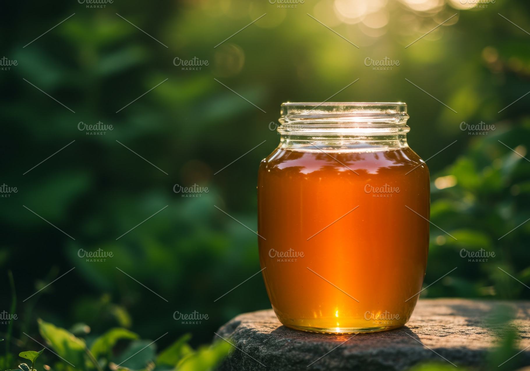 Glass jar of golden honey glowing in, a Food & Drink Photo by professorinc
