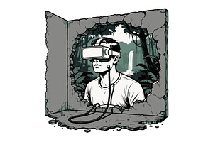 Man VR headset escaping decayed, a Person Illustration by AlexArt