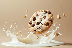 Chocolate cookie falling into white milk, a Food & Drink Photo by AlyaAnd