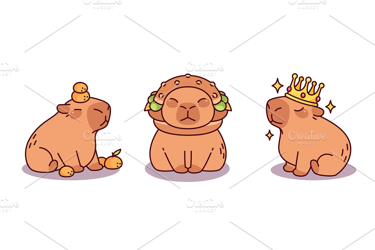 Set of cute capybara characters in, an Animal Illustration by art PVP - market