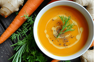 Creamy carrot ginger soup garnished, a Food & Drink Photo by Lermont51