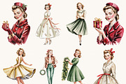 Retro Christmas Woman Clipart Bundle, a Person Illustration by BusyDaydesign (Thumbnail 2 of 9)