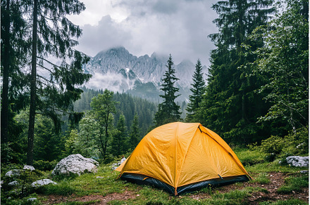 Yellow tent in forest surrounded by, an Animal Photo by Lermont51