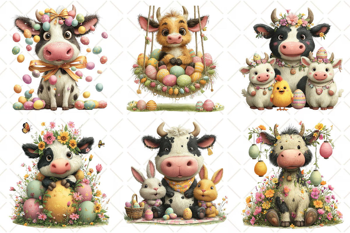 Whimsical Easter Cow Clipart, an Illustration by Black Bird Studio (Photo 4 of 5)