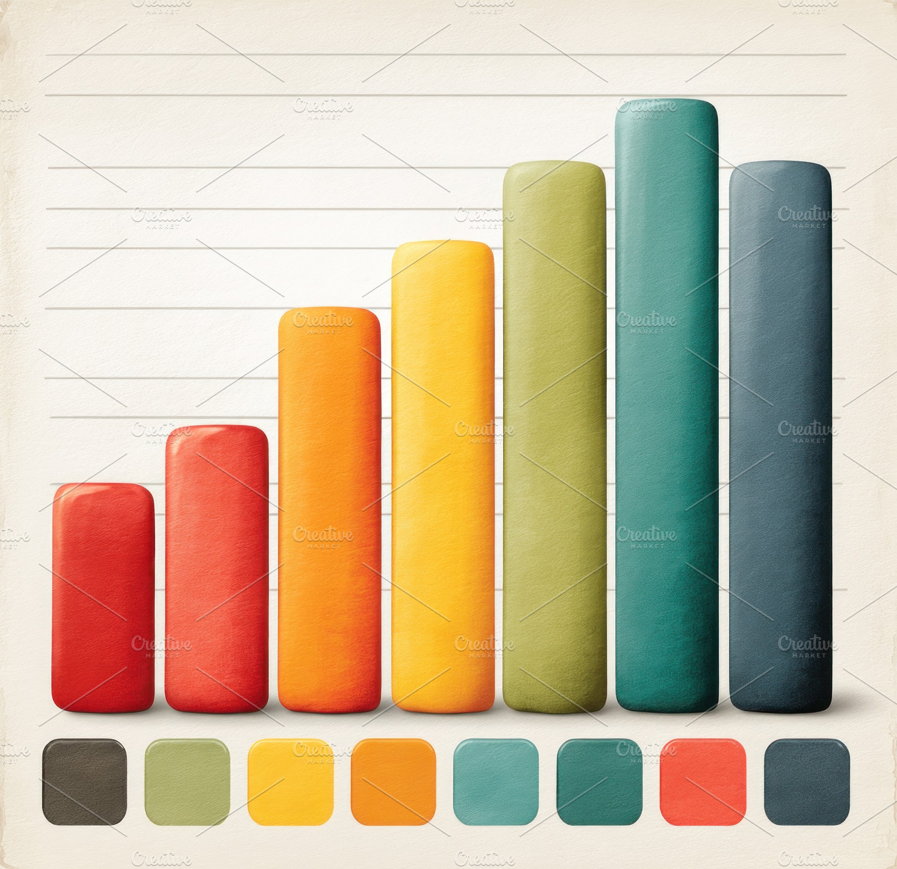 Colorful 3D bar chart with rounded columns on textured backgroun, an Abstract Photo by José Manuel Gelpi